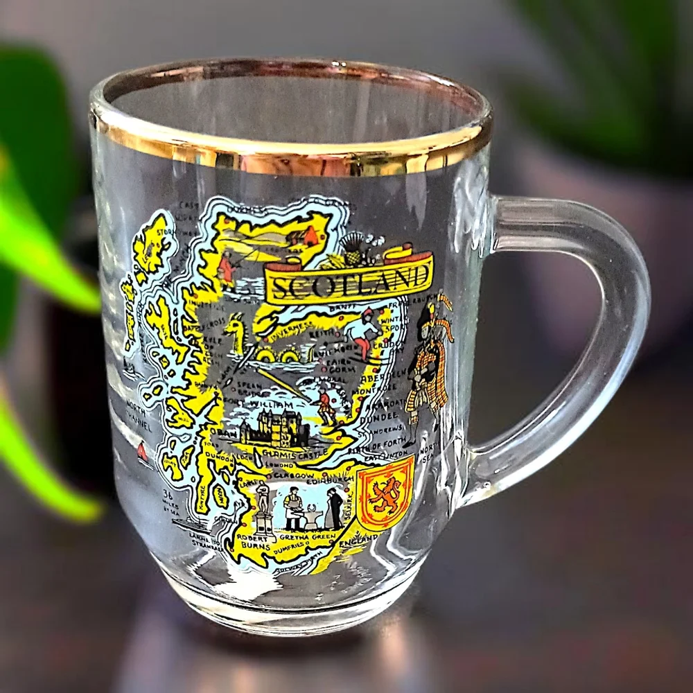 Vtg Scotland Souvenir Glass Mug Cup Gold Trim Transfer Ware‎ Map Highland Arts